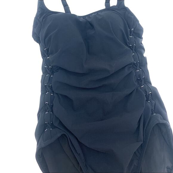 Profile by Gottex Slimming Side Lace Solid Black One-Piece Swimsuit NWOT 8 - Picture 4 of 7